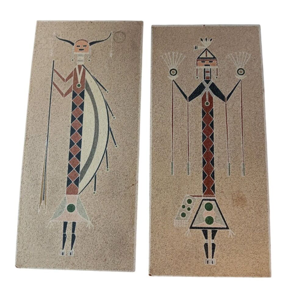Pair Of Vintage Navajo Sand Paining Big Horn God & Holy Boy Set Of Two with Info